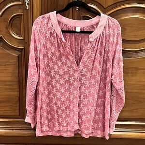 NWOT Sunday St Tropez Pink Long Sleeve Embroidered Top Size Small